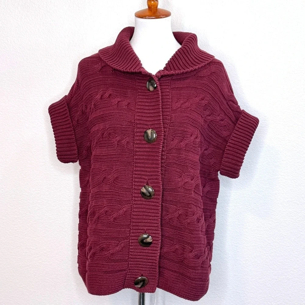 TALBOTS‎ Sweater Vest Short Sleeve Cardigan 2X Dk Red Cotton Cable Knit Burgundy